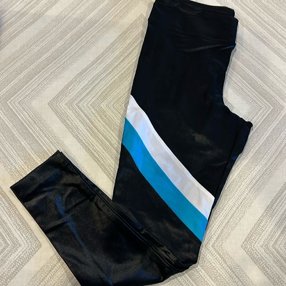 Koral Black Shiny Full Length Leggings Turquoise & White Angled Stripes Size L